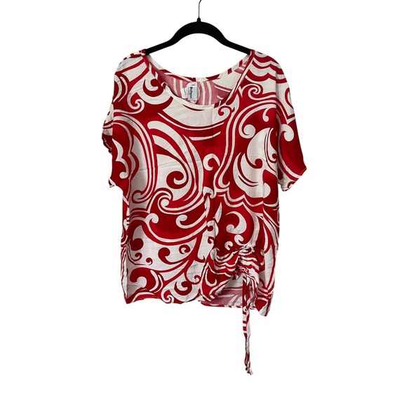 One Papaya Tops - Hawaiian Floral Print Top Large Red White One Papaya